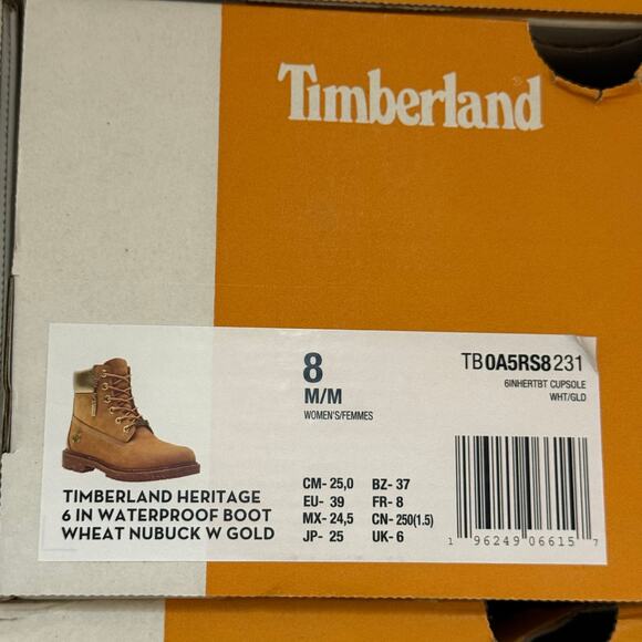 TIMBERLAND Women's 8 Heritage 6 IN Boot Premium Wheat Nubuck Waterproof Gold - Picture 7 of 7